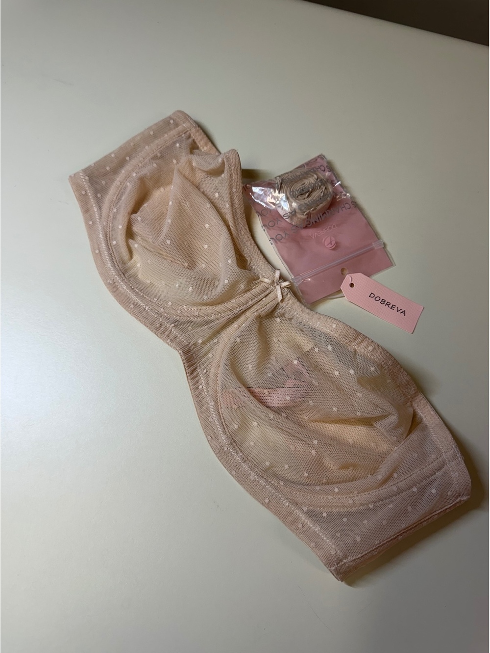 Dobreva Beige Polka Dot Sheer Mesh Underwire Bra with Extra Straps